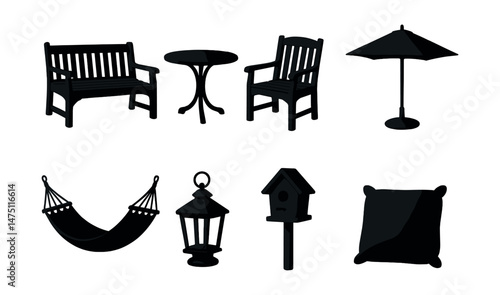 Garden furniture icons set – silhouette, patio and outdoor decor symbols
