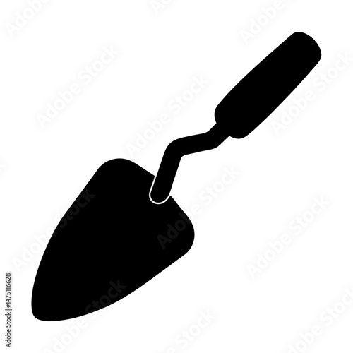Simple black silhouette of a trowel used in gardening or construction