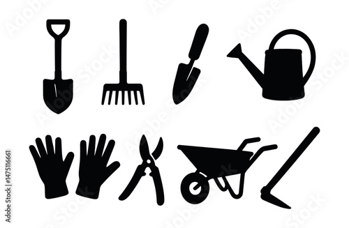 Garden tools icons set – silhouette, simple gardening and landscaping symbols