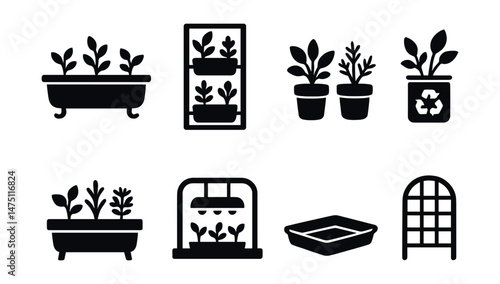 Urban garden icons set – silhouette, gardening and botanical design elements