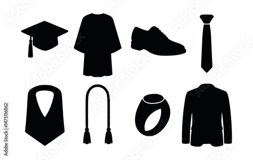 Graduation attire silhouette icons set – cap, gown and ceremony essentials