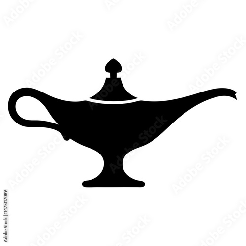Black silhouette of a traditional genie lamp on a white background