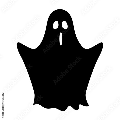 Simple black and white spooky ghost silhouette illustration on white background