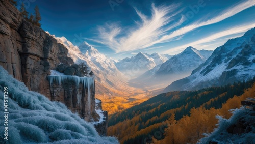 Landscape of mountains during winter with snow and clouds