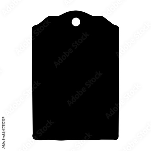 Black price tag or label with a hole and arched top edge