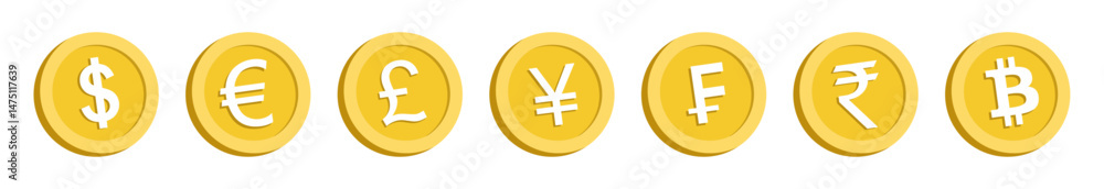 Obraz premium Golden coins with symbols of global currencies Dollar, Rupee, Euro, Yen, Pound, Franc, and Bitcoin. Ideal for finance, banking, forex, and cryptocurrency themes.