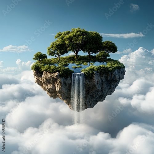 Whimsical floating island in the sky with waterfalls cascading into the clouds below 
