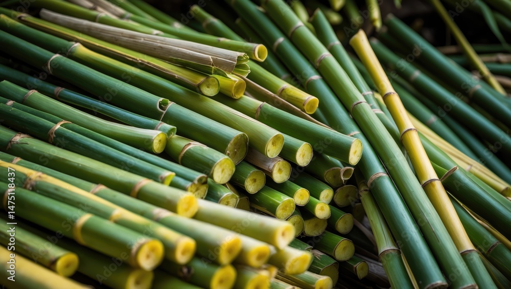 Detailed view of sugar cane pile in a street market setting Detailed view of sugar cane pile in a street market setting