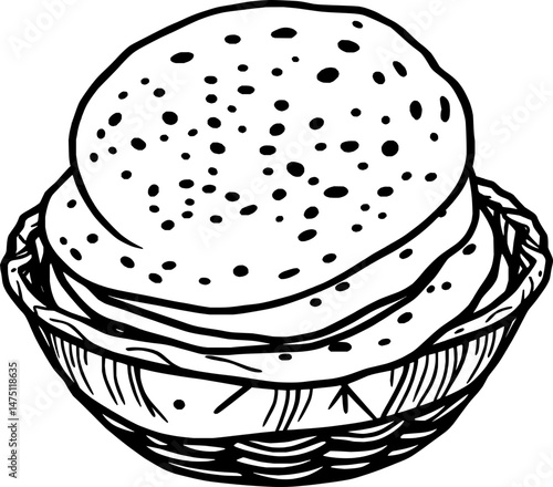 Line Art Drawing Of Flatbreads In A Basket