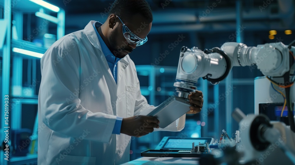 Scientist use tablet computer to programing the robot to work in industrial technology. Generate AI Scientist use tablet computer to programing the robot to work in industrial technology. Generate AI