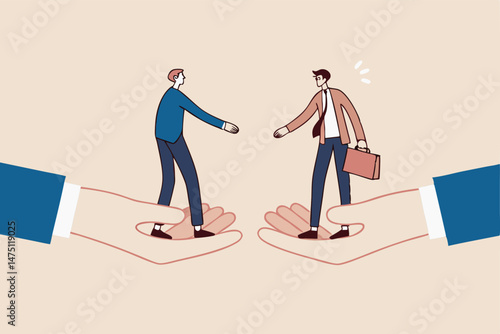 Business partnership, negotiation to make agreement or business deal concept, confident businessmen standing on big hands about to shaking hand for success business agreement.