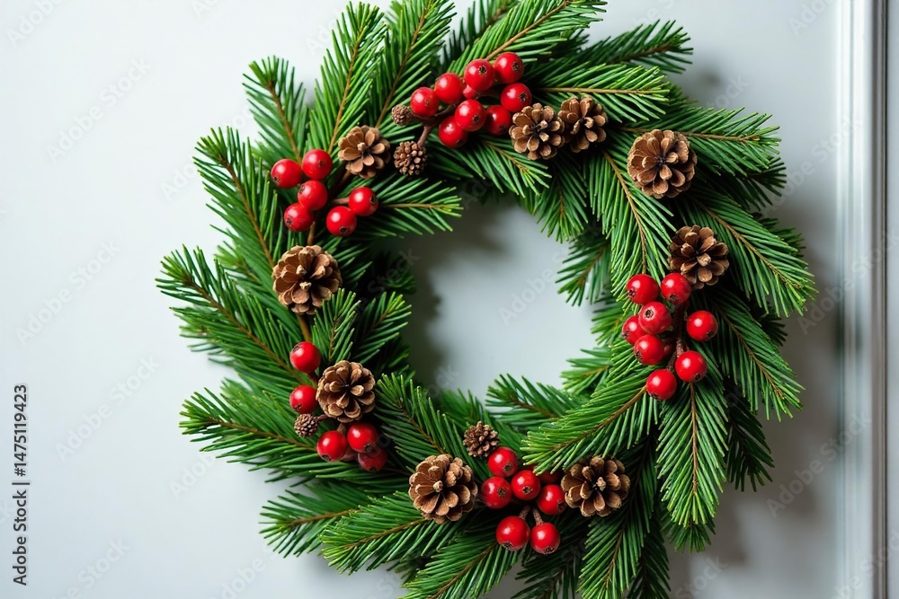 Elegant evergreen wreath with red berries and pine cones, perfect for Christmas or winter decor , rustic wreath, christmas elements, arrangement Elegant evergreen wreath with red berries and pine cones, perfect for Christmas or winter decor , rustic wreath, christmas elements, arrangement