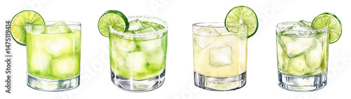 PNG Tommy's Margarita cocktail with lime wedge and ice in short glasses. Watercolor illustration on transparent background. Classic tequila drink concept. 