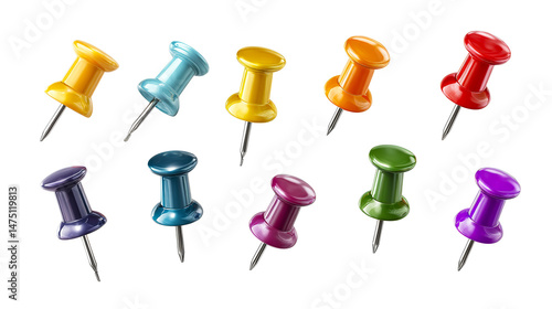 Colorful push pins with a transparent background for various uses