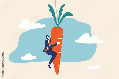 Motivation and incentive to motivate employee, reward or trick to influence people or manipulation concept, seduced businessman jump in the air to catch tempting carrot baiting lure from the stick.
