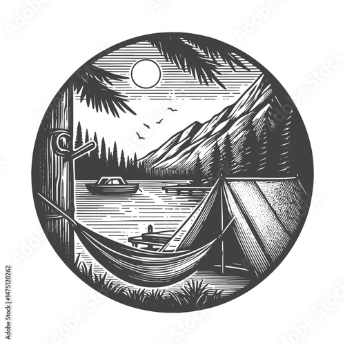 Vintage Hand-Drawn Camp Tent Near Lake with Hammock Illustration – Rustic Landscape Engraved Style Vector for T-Shirts, Posters, Stickers, and Outdoor Themes Apparel