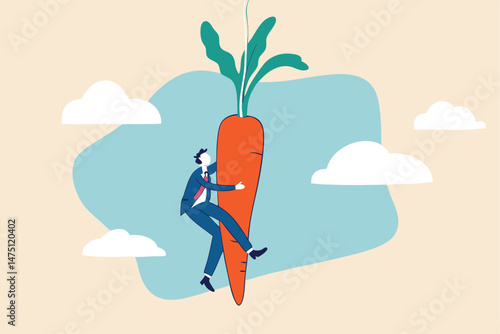 Motivation and incentive to motivate employee, reward or trick to influence people or manipulation concept, seduced businessman jump in the air to catch tempting carrot baiting lure from the stick.