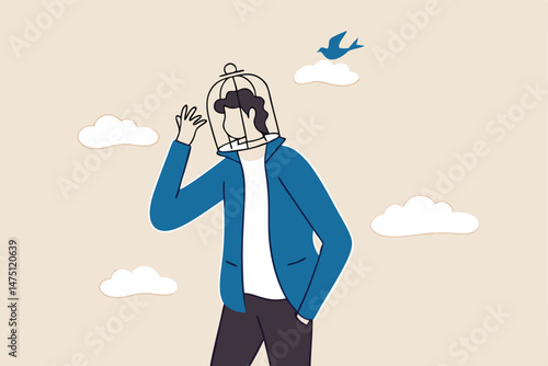 Limited understanding, creativity blocker, fear of challenge, bias or ego trapped, powerless or lack of intelligence concept, depressed businessman with birdcage lock his head.