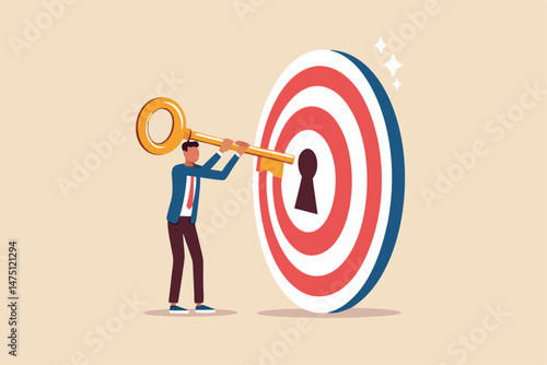 Key to success and achieve business target, KPI, career achievement or secret for success in work concept, businessman putting golden key into bullseye target key hold to unlock business success.