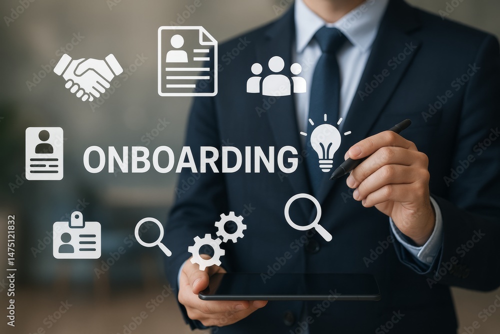Businessman Illustrating Onboarding Process with Technology Businessman Illustrating Onboarding Process with Technology