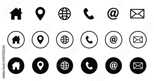 Contact Us Icons Home, Location, Globe, Phone, Email, At Symbol With Black & White Variations