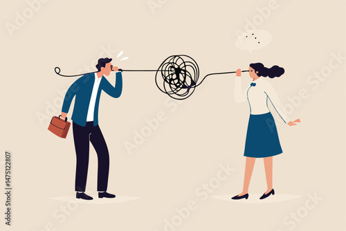 Bad communication, misunderstanding create confusion in work, miscommunicate unclear message and information concept, businessman talking through messy chaos, tangled phone line make other confused.