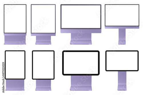 Set of black and light purple street billboards. City lightbox. Display panels isolated on a transparent background. Rectangular signposts. 3d mockup of a signboard