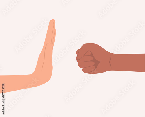 Hand stopping a punch from another hand. Flat vector illustration