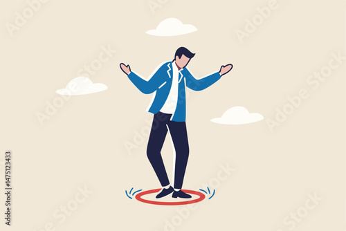 Business boundary, limitation or framing that prevent progress work, prohibited activity that limit business or career growth concept, frustrated businessman standing uncomfortably in small red circle