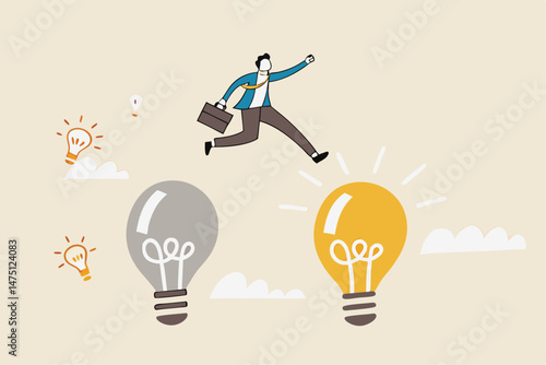Business transformation, change management or transition to better innovative company, improvement and adaptation to new normal concept, smart businessman jump from old to new shiny lightbulb idea.