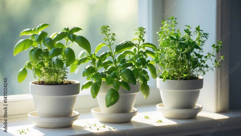 Indoor pots featuring fresh basil and thyme herbs for cooking Indoor pots featuring fresh basil and thyme herbs for cooking