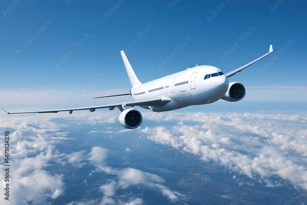 Airplane soaring above fluffy clouds under a vibrant blue sky during a scenic flight journey. Airplane soaring above fluffy clouds under a vibrant blue sky during a scenic flight journey.