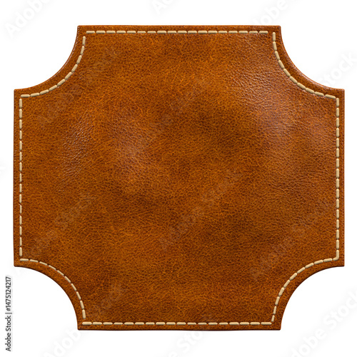 Brown Leather Patch with Curved Corner Cuts and Stitching in 3D render with transparent background