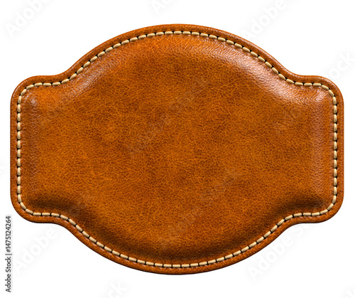 Brown Leather Patch with Rounded Extensions and Bold Stitching in 3D render with transparent background