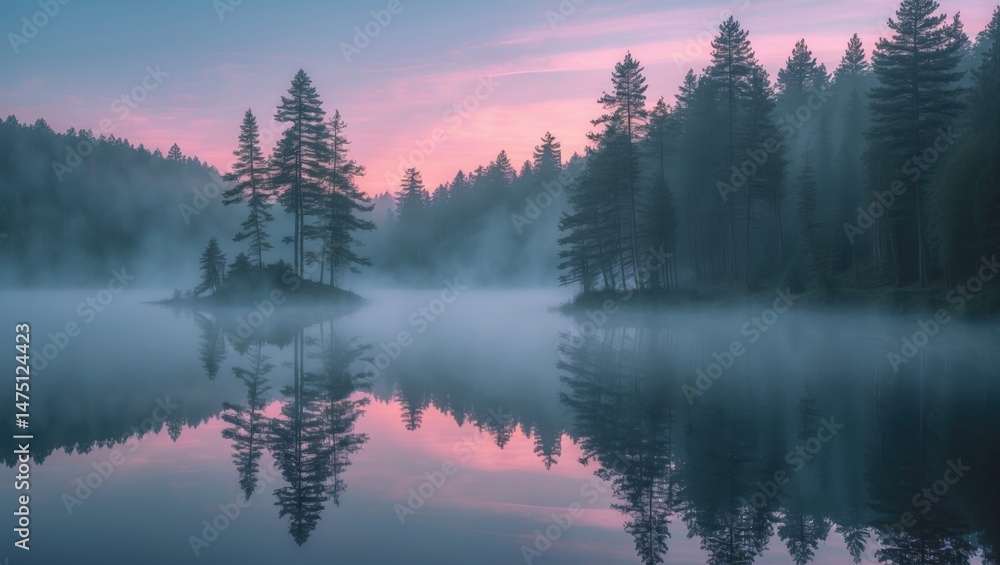 Fototapeta premium Misty morning at a calm lake with pine trees reflecting on tranquil water, showcasing the beauty of nature and wilderness