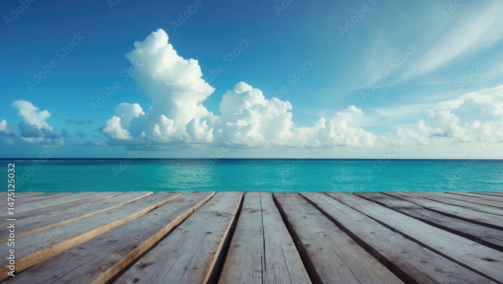 Fototapeta premium Exotic seaside platform with a wooden structure under a bright summer sky.