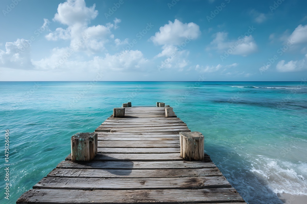 Fototapeta premium Serene Wooden Dock Extending into Turquoise Ocean under a Sunny Sky