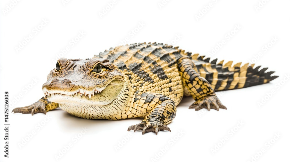 Fototapeta premium Captivating portrait of a spectacled caiman basking in isolated splendor