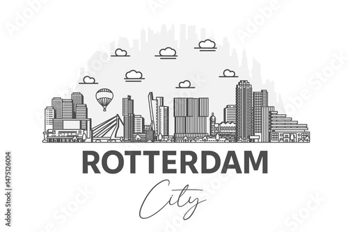Rotterdam, Netherlands architecture line skyline illustration with shadows. Linear vector cityscape with famous landmarks, city sights, design icons.