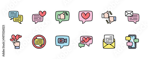 Set of cute element cartoon illustration, Cute icons related to communication, sending messages, and liking, thumbs up. A kawaii emoji cartoon. Idea for print, cartoon, card, decoration and sticker.