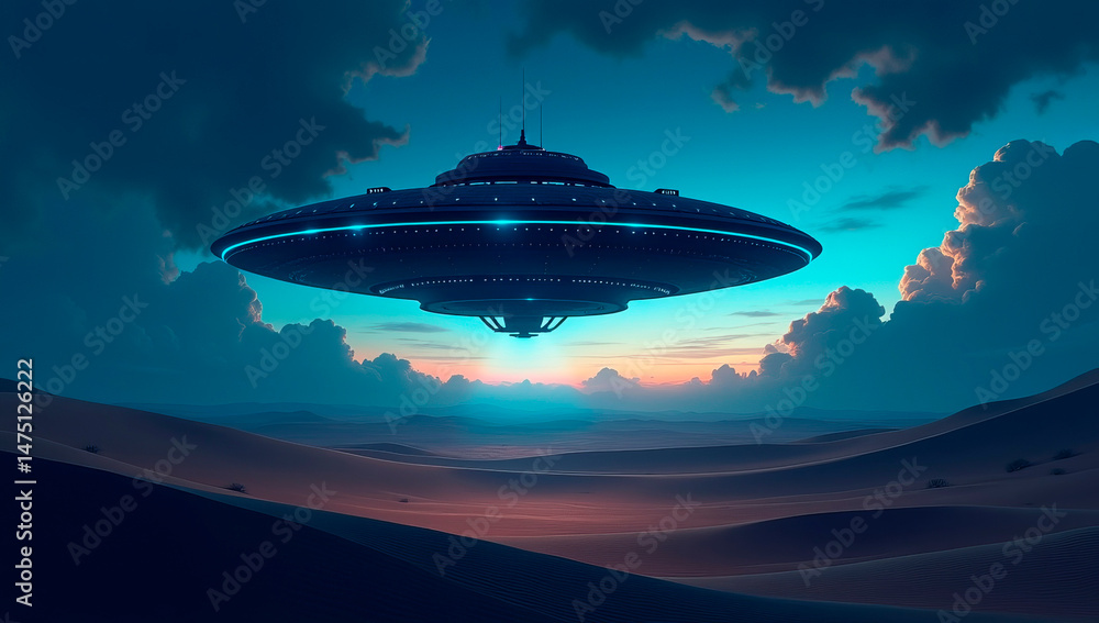 A sleek UFO hovers above the dunes in a desert, illuminated by a colorful twilight sky. Wisps of clouds surround the spacecraft, reflecting shades of blue and orange. A sleek UFO hovers above the dunes in a desert, illuminated by a colorful twilight sky. Wisps of clouds surround the spacecraft, reflecting shades of blue and orange.