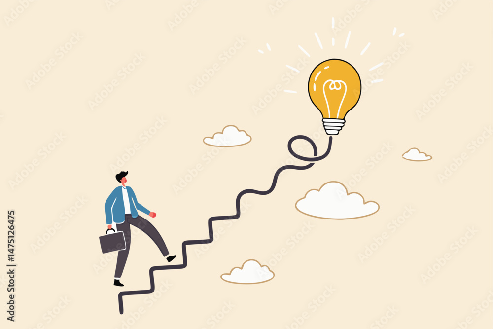Creativity for business idea, thinking and brainstorm for new idea or opportunity, career path or goal achievement, businessman start walking on electricity line as stairway to big idea lightbulb. Creativity for business idea, thinking and brainstorm for new idea or opportunity, career path or goal achievement, businessman start walking on electricity line as stairway to big idea lightbulb.