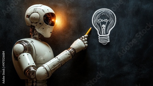 Robot explains a lightbulb idea on a blackboard