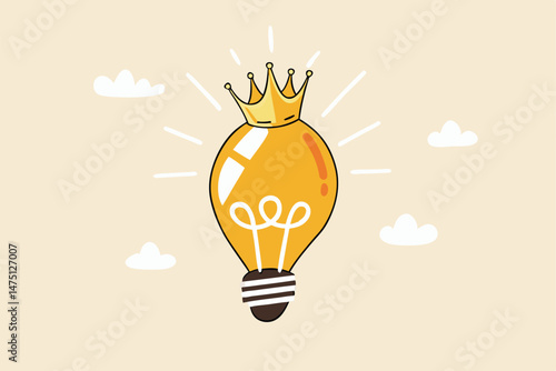 Great and brilliant idea, creative genius or winner idea for business development concept, glowing shiny lightbulb idea lamp wearing golden crown.