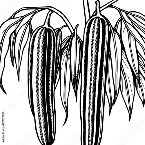 Elegant Black And White Illustration Of Vanilla Beans On Vine