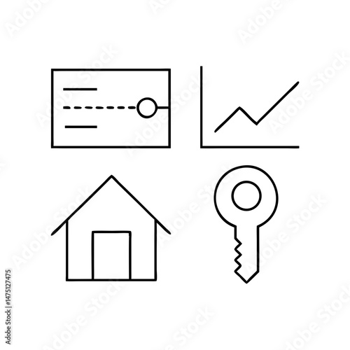 Vector outline illustration of real estate and finance icons for property management, investment, and business solutions