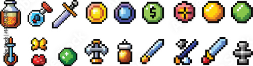 Pixel Art RPG Icons Set. Retro 8-Bit Game Items, Swords, Potions, Coins, Powerups