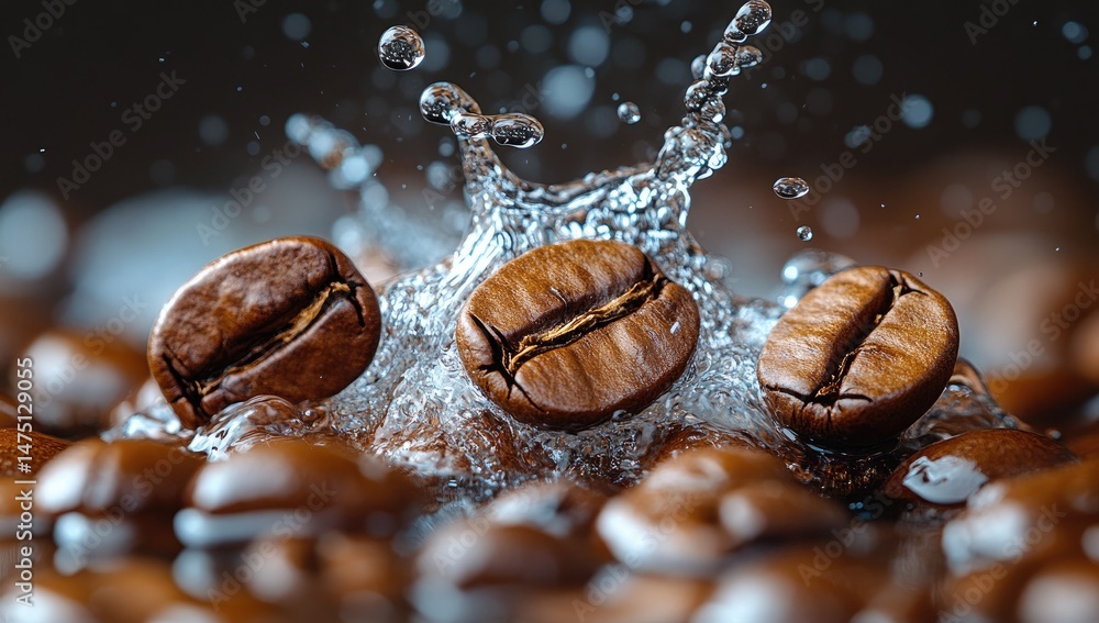 Coffee beans splashing in water, dark background, beverage advertisement Coffee beans splashing in water, dark background, beverage advertisement