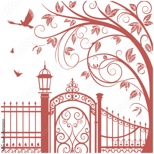 Ornamental Fence with Floral Decorations Vector Illustration