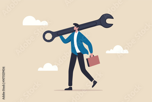 Fix business problem, help resolve problem, improve business in downturn or crisis management concept, smart businessman carrying big wrench metaphor of fixing problem.